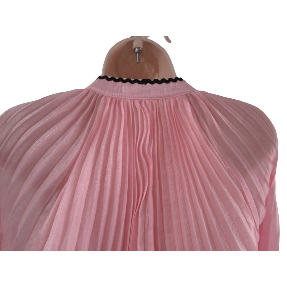 VGU Pink Accordion Pleated Swing Blouse Black RicRac Lace Vintage Style Med EUC - Picture 14 of 15